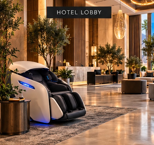 Lemo massage chair in a hotel lobby